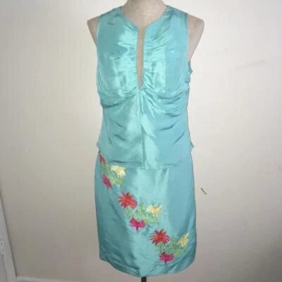 Conjunto Top y Falda Tibi Aqua Floral Bordado 2 Piezas 100% Seda Sin Mangas 8 Foto 1 de 4