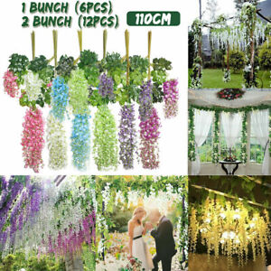 6-12Pcs Artificial Wisteria Hanging Flower Vine Silk Wedding Home Decor Plant