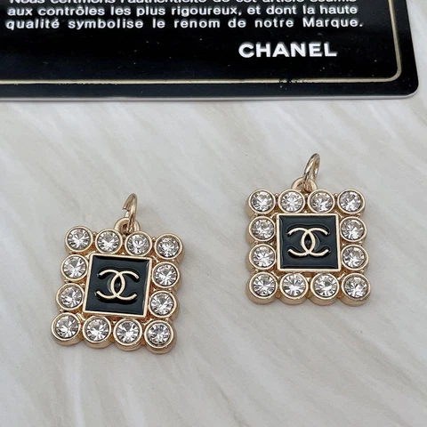 Chanel Vintage Parts Button  Charm Rhinestone Black Gold 2 pieces set Cover