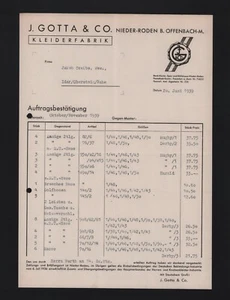 NIEDER-RODEN b. OFFENBACH/M., Brief 1939, J. Gotta & Co. Kleider-Fabrik - Bild 1 von 1