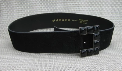 复古 Jaeger 女士皮革腰带黑色麂皮绒带黑色刻面银色扣 — 第 1/4 张图片