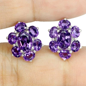 925 Sterling Silver Earrings Oval Amethyst 7x5mm Flower Natural Gemstone Jewelry - Picture 1 of 13