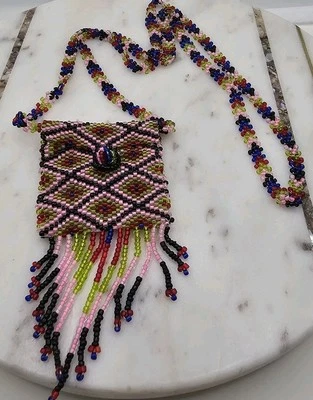 Bolsa de miçangas feita à mão colar bolsa boho multicolorida bolsa franja festival joias - Imagem 1 de 4