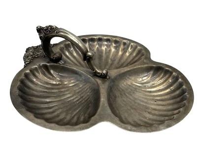 Vintage Wallace Baroque Silver Plate Clam Shell Serving Tray Footed Dish 3 Part  - Image 1 of 4