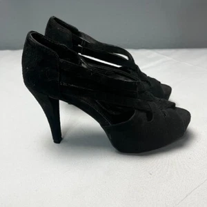Simply Vera Vera Wang Black Suede Peep Toe Heels Strappy Lattice Stiletto Size 6 - Picture 1 of 9