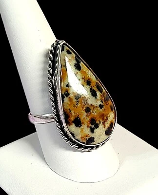 Anillo artesanal de plata de ley 925 con piedras preciosas de jaspe dálmata talla 9,75 Foto 1 de 4