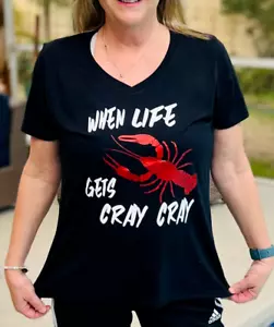 Camiseta causal para mujer temporada de cangrejos de río brillo "Cray Cray" - Imagen 1 de 4