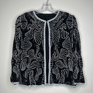 Vintage 80s Sequin Beaded Cardigan Jacket Sz M Black White Shoulder Pads Cropped - Picture 1 of 14