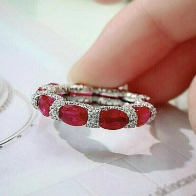 Oval Cut Simulated Red Ruby Women's Stunning Eternity Ring 14K White Gold Plated - Image 1 of 4