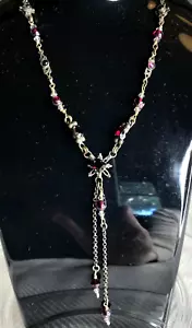 Signed Vintage Y2k Sorrelli Lariat Y Necklace Wine Red Rhinestones Beads Brass - Picture 1 of 21
