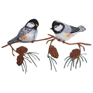 Large Chickadees on a Branch Applique Patch - Birds Tree Pine Cones 5.5" - Picture 1 of 1