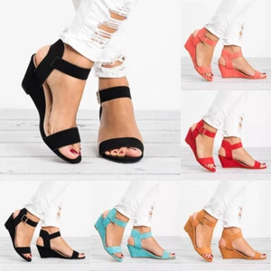 - Women's Ladies Fashion Solid Wedges Heel Buckle Strap Roman Shoes Sandals - Picture 1 of 38