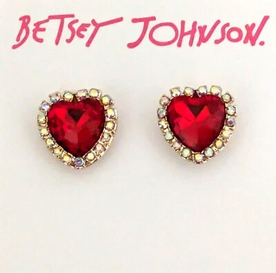 Aretes Betsey Johnson rojo facetado vidrio enmarcado corazón Foto 1 de 3