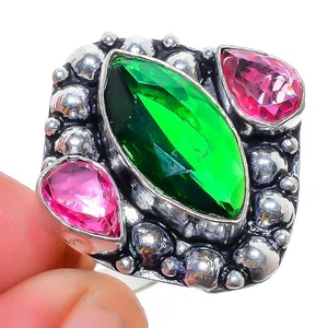 Tsavorite Quartz, Rubellite Gemstone Silver Plated Jewelry Ring 9.5 (10325) 95 - Picture 1 of 5