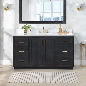 Gazsi 60S" Wood Vanity in Black Oak with Composite Stone Top without Mirror - Picture 1 of 13