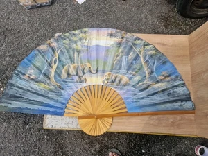 Large Oriental Style Hand Painted Bamboo Frame Fan Elephants Bathing 150 X 90 Cm - Picture 1 of 8