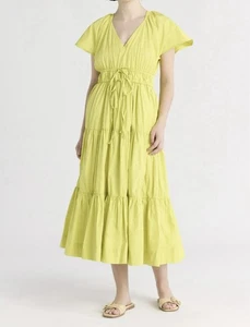 Free Assembly Chartreuse Tiered Maxi Dress V-Neck Flowy Midi Cotton Large Boho - Picture 1 of 10