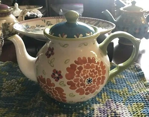 NWT Dutch Wax Grace Ceramic Teapot Coffee Pot White Orange Blue Green Floral - Imagen 1 de 4