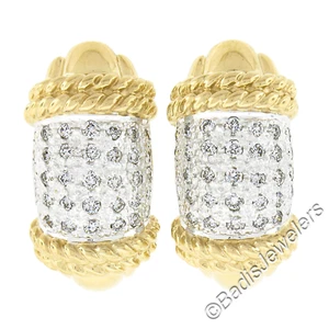 14K Gold 0.70ctw Round Pave Diamond Twisted Gold Wire Cuff Hoop Omega Earrings - Picture 1 of 6