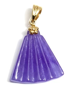 14k Yellow Gold Carved Lavender Jade Pendant Chinese Whisk Fan MANY OTHERS LOOK - Picture 1 of 9
