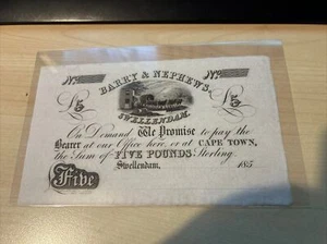 South Africa, Barry & Nephews, 5 pounds, 1850s unissued aUNC 170 years old - Picture 1 of 2