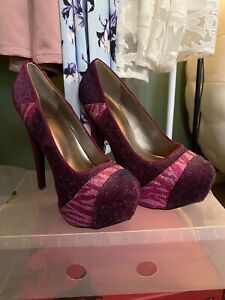 Women's Worn Size 7 Purple Glitter Platform Heels Enclosed Toe Stiletto Heel 