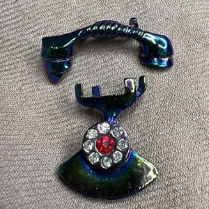 Vtg Rotary Telephone Pin Brooch Blue Purple Carnival Iridescent Metal 2 pieces - Picture 1 of 6