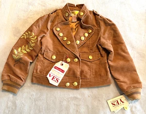 New YES Girls Gold Button Brown Corduroy Jacket Military Embroidered Size S 4/5 - Picture 1 of 10