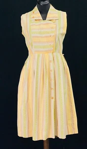 Vintage 1950s yellow green sleeveless dress, asymmetric shirt collar cotton L XL - Picture 1 of 6