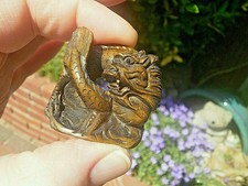 Hand Carved wood netsuke angry dragon upright boxwood collectable figure