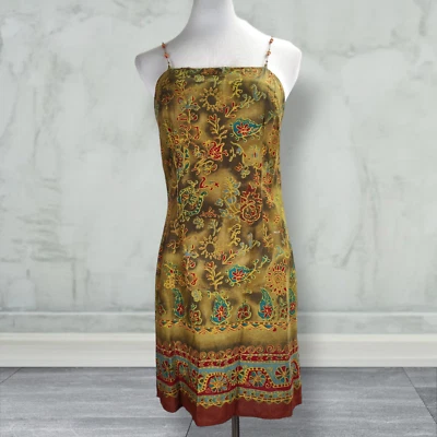 Vintage 90s Mini Sundress Size M Beaded Straps Green Paisley Border Print  - Image 1 of 4