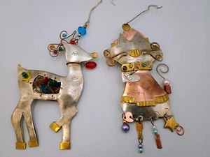 Vintage Handarbeit Ornamente Rentier & Kätzchen Katze Messing Kupfer mit Perlen - Bild 1 von 7