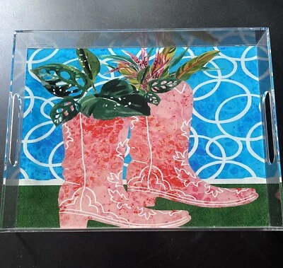 Clear Acrylic Lucite Tray With Cowboy Boots Western Vibe Rare Country & Plants - Image 1 of 4