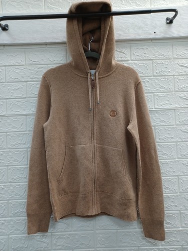 NUOVO Burberry felpa con cappuccio e zip misto cashmere uomo marrone taglia small