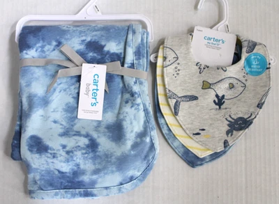 NUEVO CON ETIQUETAS Carter's Tie-Dye Bebé Niño Manta Azul + Baberos Bandana Sea Life Paquete de 3 Foto 1 de 4
