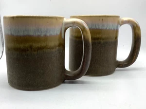 Art Pottery Stoneware Mugs, Earthtones Drip Glaze Signed, Rustic, Set 2, 4 3/8” - Picture 1 of 6