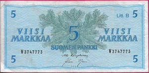 FINLAND 5 MARKKA 1963 XF-AU V,LITT.B,TEXT IN FINNISH ON THE LEFT AND SWEDISH ON - Picture 1 of 2