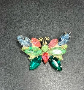 VTG Butterfly Brooch Blue Green Pink Crystal Rhinestone - Picture 1 of 3