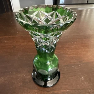 Vintage Bohemian Emerald Crystal Vase, Cut- to- Clear Vase 1930’s Collectible - Picture 1 of 8