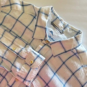 Tommy Bahama Relax Linen Shirt Mens Medium White Blue Plaid Long Sleeve - Picture 1 of 9