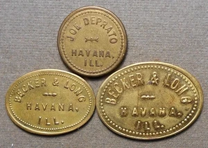 D661 3-Havana IL: Becker & Long – 5c & 25c + Joe Deprato – 5c. Brass, largest is - Picture 1 of 2