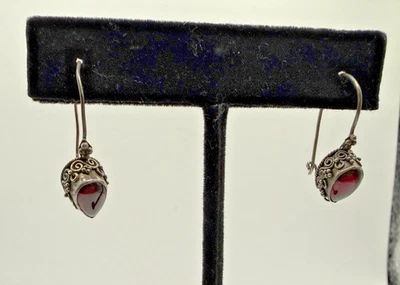 Vintage MNSN 925 Sterling Silver Oxidized Red Stone Dangle Earrings Signed - Image 1 of 4