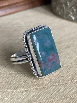 Green Moss Agate Ring Size R 1/2 Sterling Silver 925 Plated Oblong Vintage Retro - Image 1 of 4