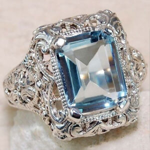 Aquamarine 925 Silver Filled Ring Women Wedding Engagement Party Jewelry Gift