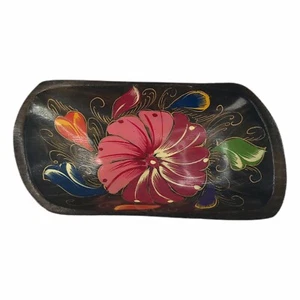 Hand Painted Decorative Trinket Bowl Floral Flower Colorful Mexico Wood - Picture 1 of 7