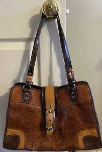 M.C. vintage anni 90 Borsa a tracolla Marc Chantal in pelle marrone floreale goffrata - Foto 1 di 6