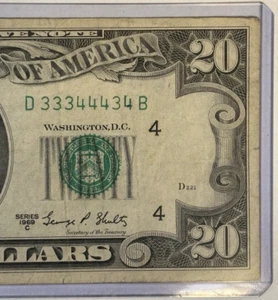 1969C $20 DOLLAR BILL BINARY FANCY SERIAL NUMBER.33344434.DB - Picture 1 of 3