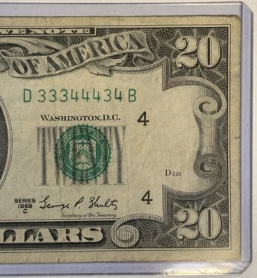 1969C $20 DOLLAR BILL BINARY FANCY SERIAL NUMBER.33344434.DB - Image 1 of 3