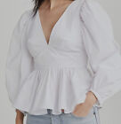 $225 Staud Women's White Cotton V Neck Puff Luna Long Sleeve Blouse Top Size 2