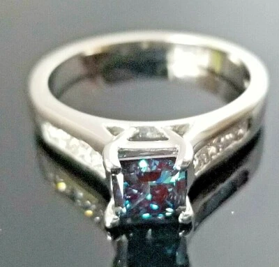  1.10TCW Vivid Teal Blue Princess Solitaire Accent platinum ring - Image 1 of 4